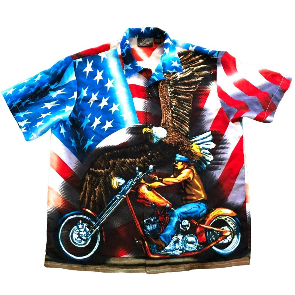 Sapphire Lounge Biker Chopper Shirt Sz XL Flag All Over Print Button Up Mens